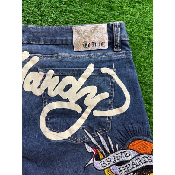 Ed Hardy Brave Hearts Eagle Wide Leg Denim Jeans W34 Y2K VTG Embroidered Graphic - Picture 7 of 15